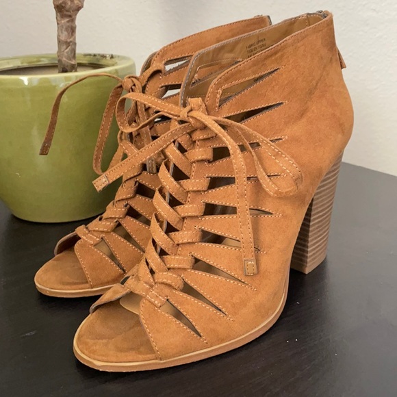 Brown faux suede tie block heels